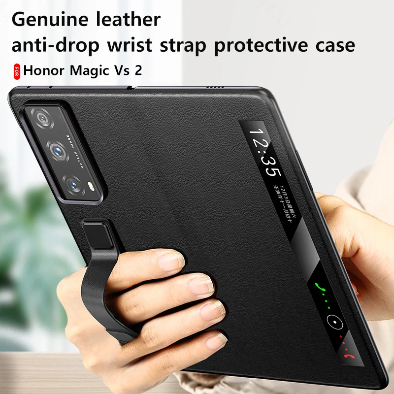 Genuine Leather Magnetic Flip Phone Case with Wriststrap and Stand Cover