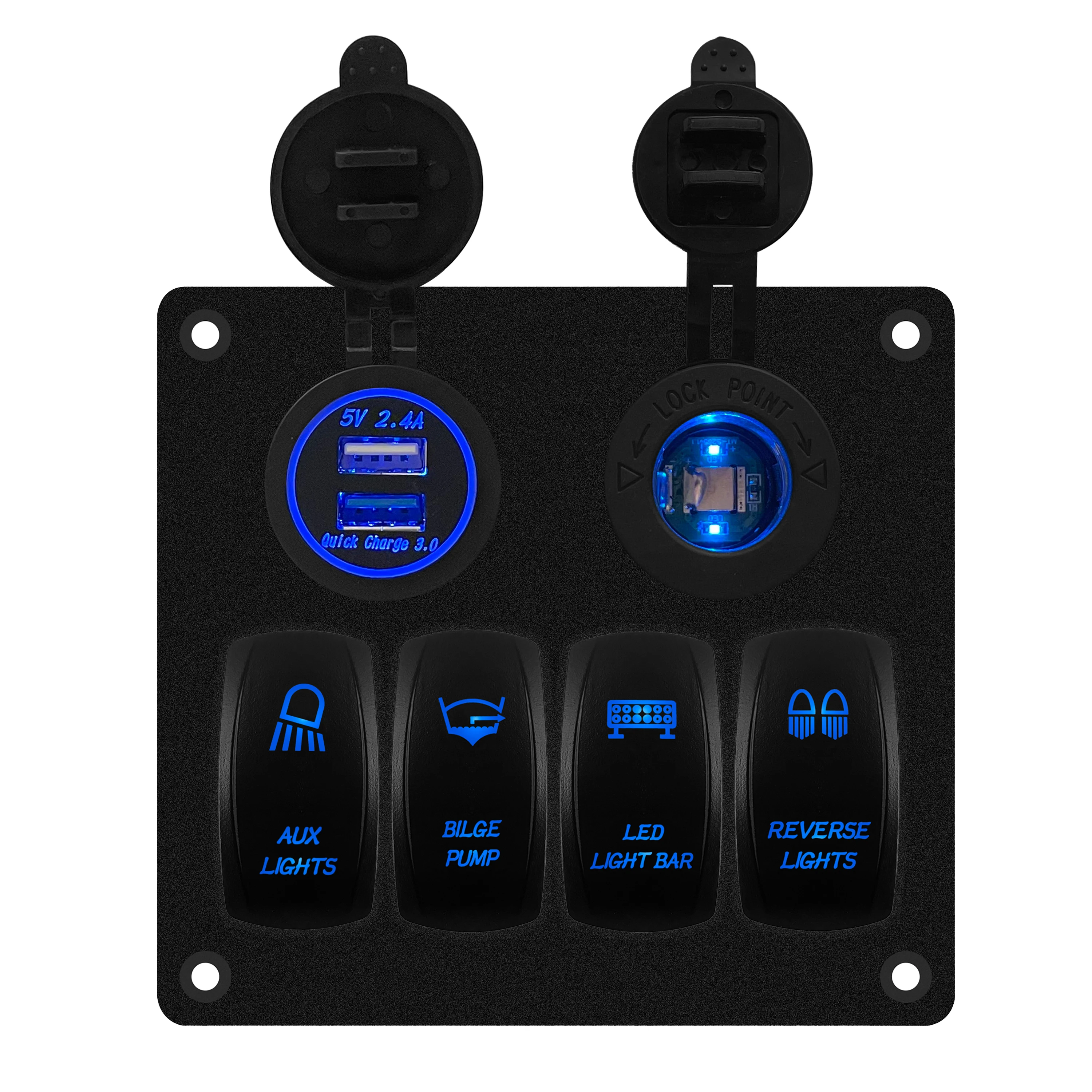 

4 Gang Aluminum Blue Led Rocker Switch Panel With Dual USB QC 3.0 Car Charger & 12V Power Sockets for Marine Boat Caravans