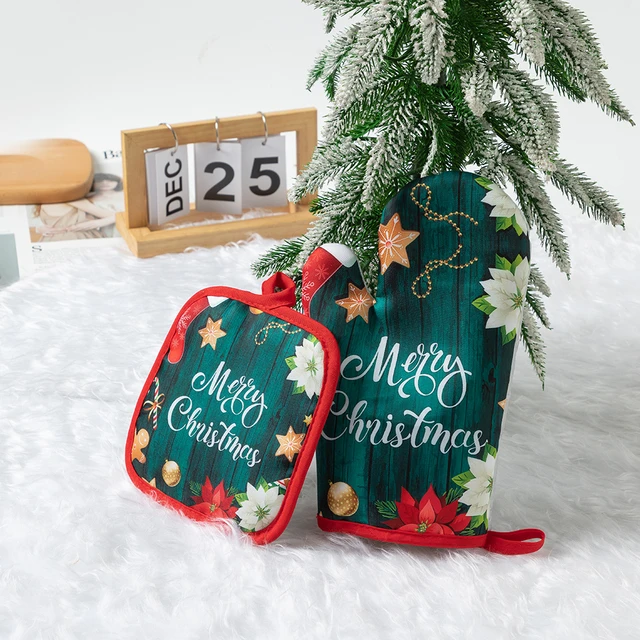 2pcs/set (1 Oven Mitt + 1 Pot Holder) Christmas Microwave Oven