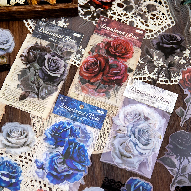 10Pcs/Pack Assorted Rose Flower Stickers Art Phone Journaling Material Aesthetic Scrapbooking Notebook Handmade Collage Material