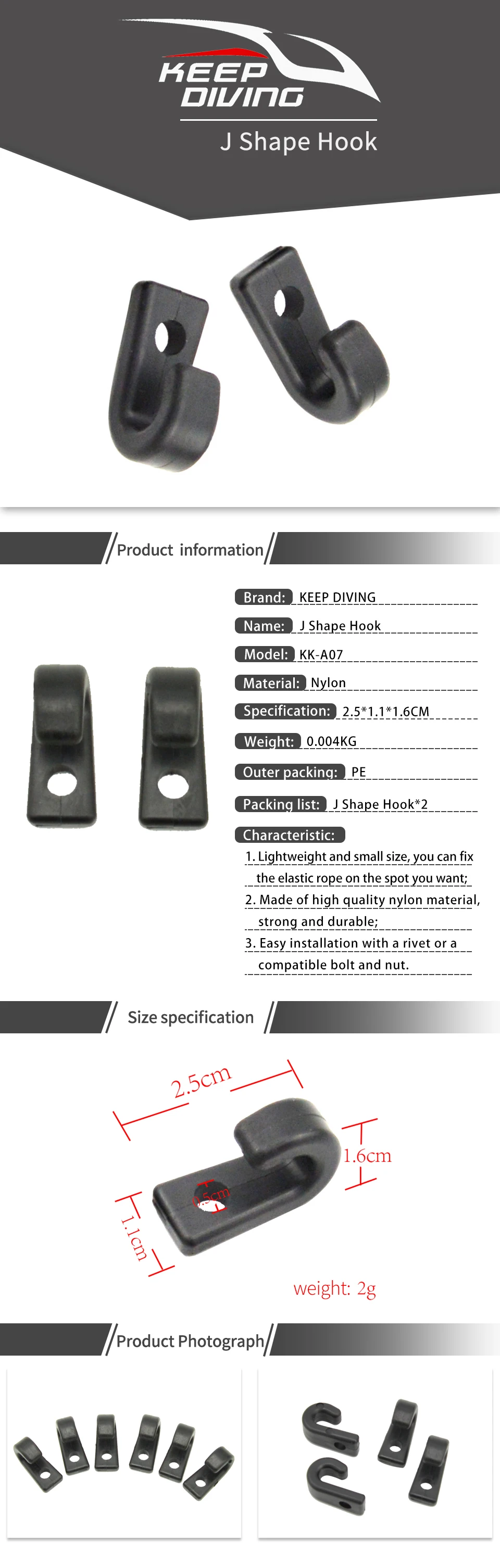 2 PCS  J Shape Hook Durable Plastic J Shape Hooks for Kayaks Canoes Rowing Boats Accessory