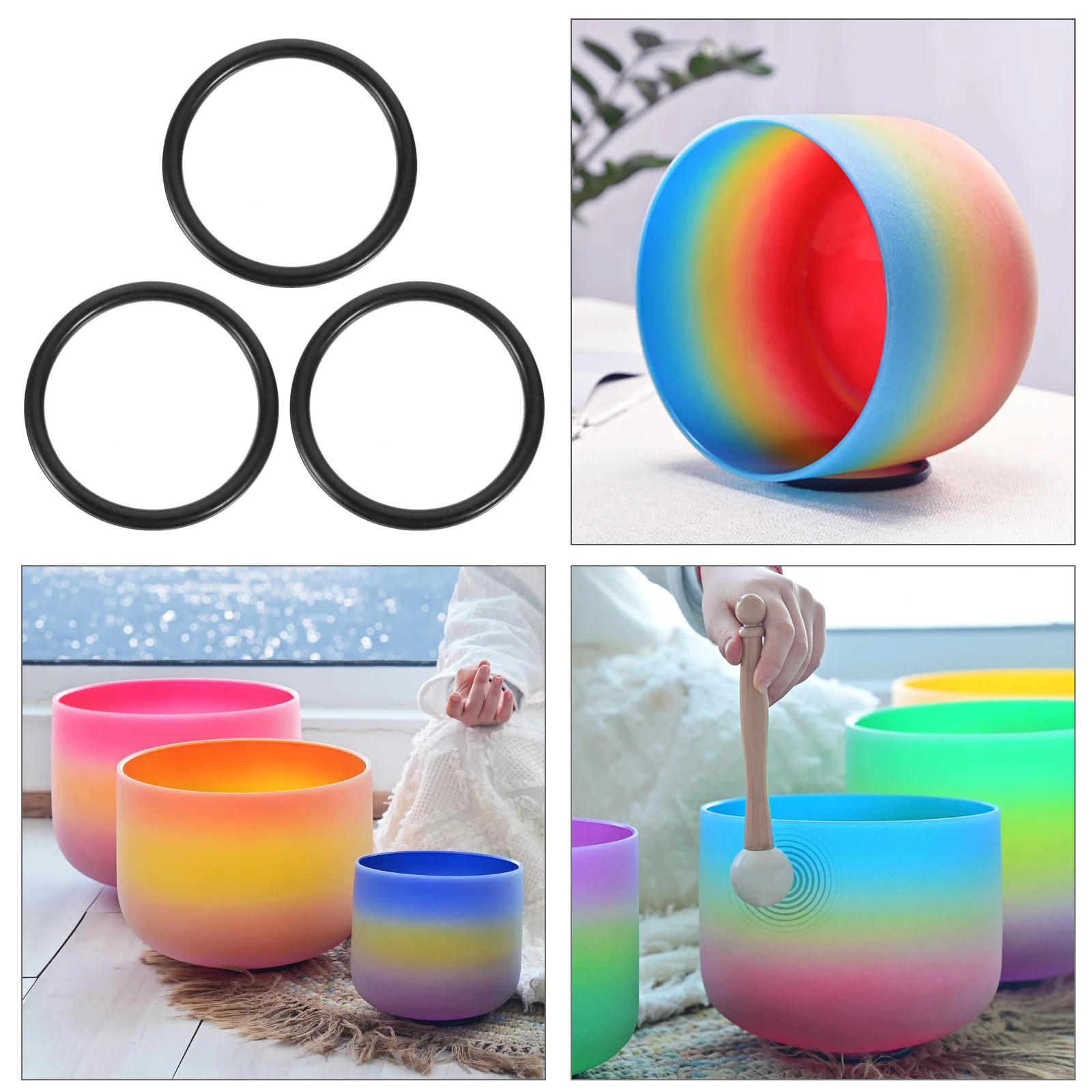3 Pcs Crystal Bowl Gasket Music Rubber Ring Tibetan Base Black Rings for Singing Cushion Sound Mat for Buddhist Bowl Using