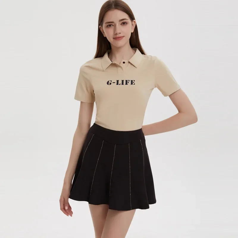 G-Life Golf Women's Short Sleeved T-shirt Korean Letter Printed Polo Tops Ladies A-lined Pleated Golf Skorts High Waist Skirts