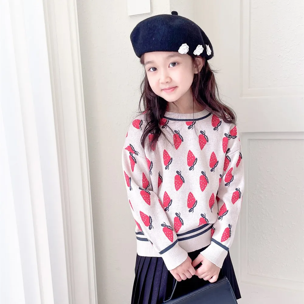 

Kids sweaters autumn winter girls clothes Strawberry patterned printed long sleeved sweater warm knit pullover