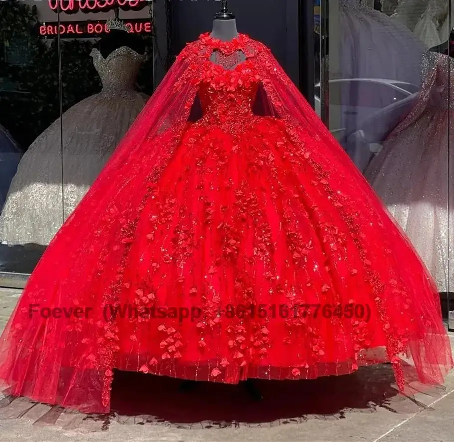 Rote Prinzessin von der Schulter Quince anera Kleid mit Umhang 3d Blumen Geburtstags feier Kleider Perlen Maskerade Vestidos de 15