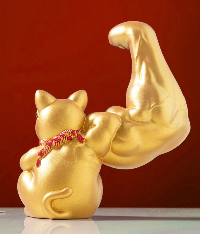 Chinese Waving Muscle Gold Arm Lucky Cat Figurine Big Wealth Maneki