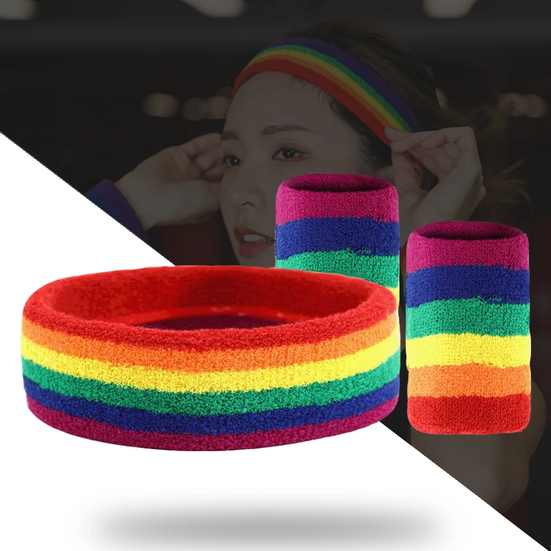 

Rainbow Sport Wristband Tennis Badminton Sweatband Men Women Yoga Hairband Gym Fitness Basketball Running Headband+Wristband