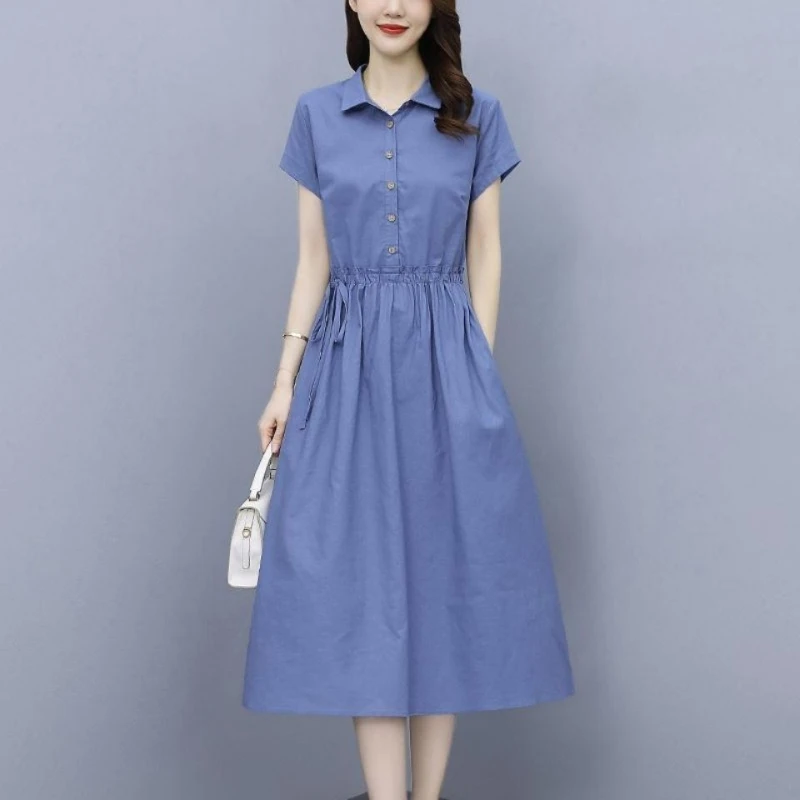Women Vintage Linen Dress 2022 Summer Tum-Down Collar Short Sleeve Elastic Waist Solid Pockets Casual Loose Midi Dress Vestidos