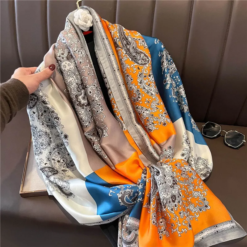 Vintage grüner Lotus druck Seiden schal Frauen eleganter Schal klassischer wind dichter Satin Kopf wickel Reise Strand tuch 180*90cm – Detail 23