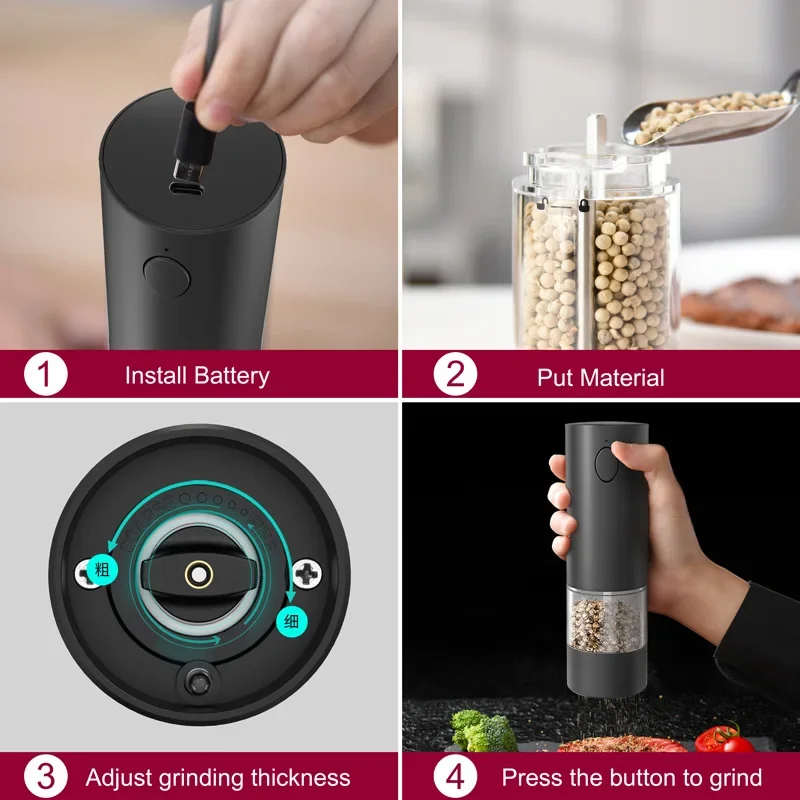Electric USB Rechargeable Salt Pepper Grinder Set Adjustable Coarseness Auto Grind LED Light Refillable Mills Kitchen Tools