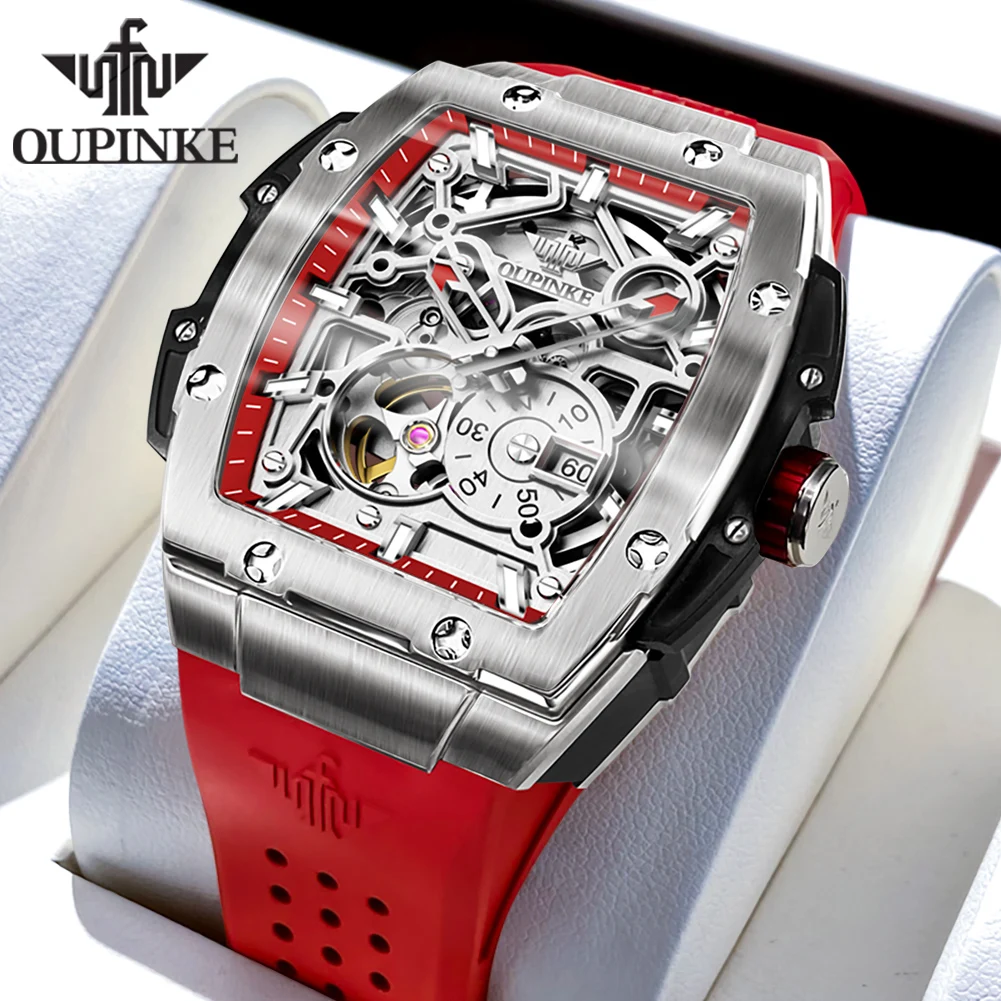 OUPINKE Luxury Brand New Men's Watches Waterproof Fully Automatic Mechanical Watch Tonneau Top Original Skeleton Male Wristwatch