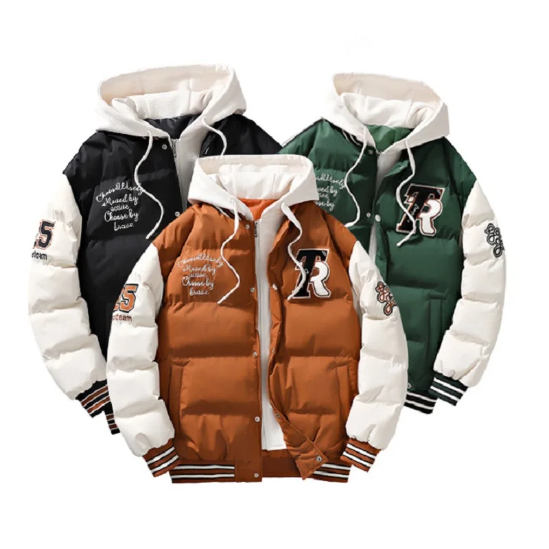 mens fashion fake two-piece letter-printed hooded warm jacket bread jacket couple's embroidered winter coat Parkas Hombre 2022