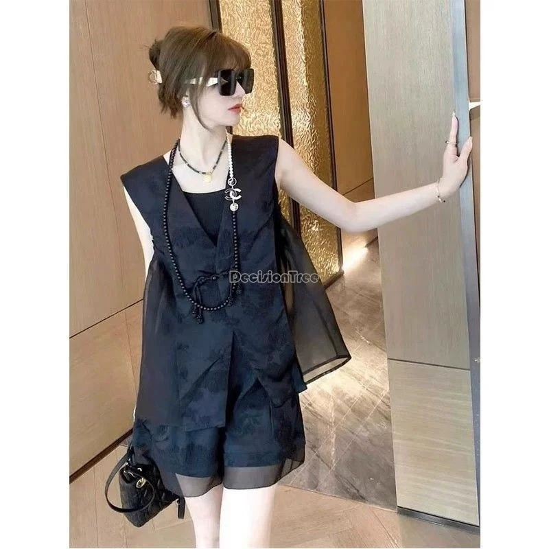 fashion new chinese style women yarn set sleeveless panbuckle black waistcoat shorts suit summer daily retro tang suit w822