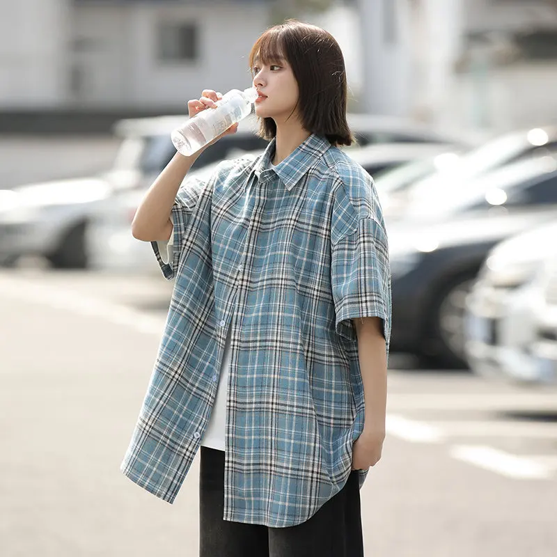 HOUZHOU Harajuku Plaid Shirts Coat Women Oversize Short Sleeve Women's Checkered Cardigan Blouses Japanese Streetwear Hip Hop