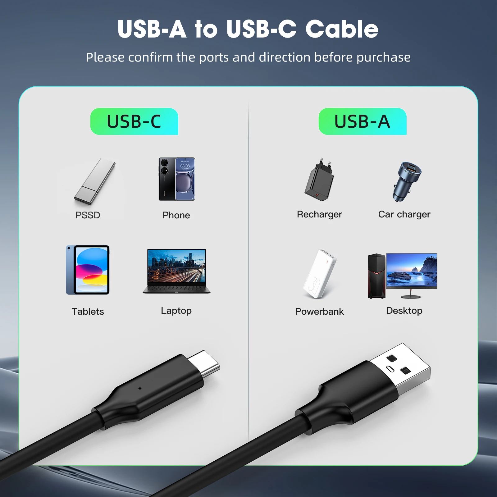 USB 3.2 A to C PD 60W 고속 충전 및 10Gbps 데이터 동기화 케이블 (모바일 하드 드라이브, 휴대폰, 노트북용)