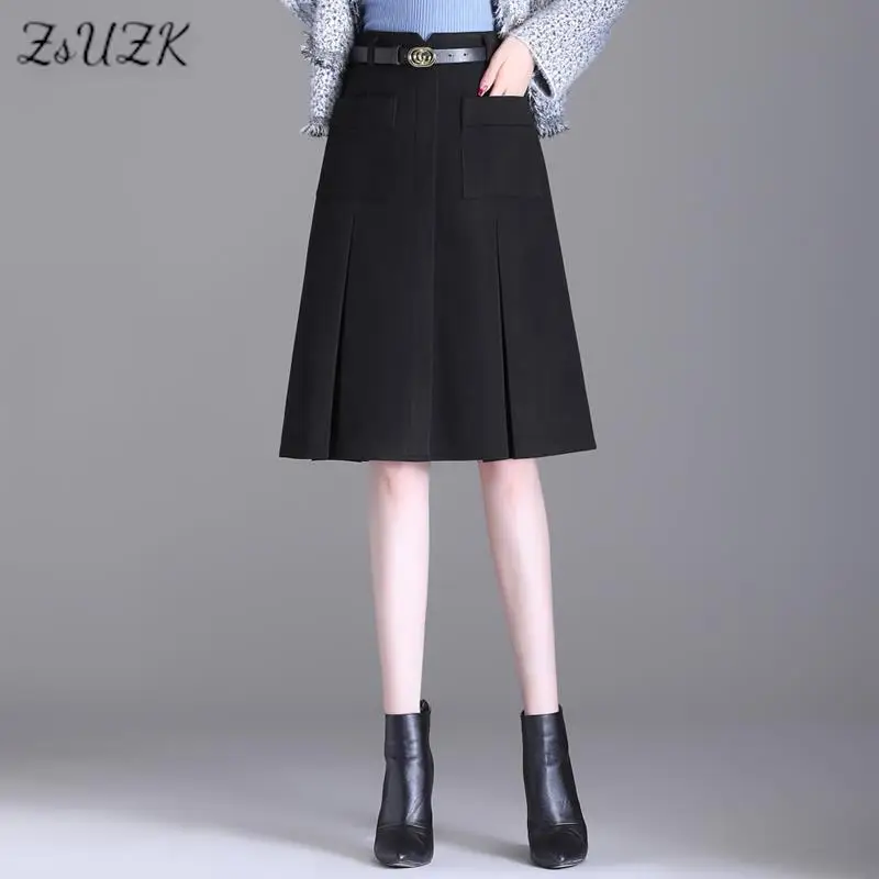 

ZUZK Winter Pocket Thick Folds A-line Skirts Korea Style Fashion High Waist Office Lady Skirt Elegant Mid-long Woolen Skirts