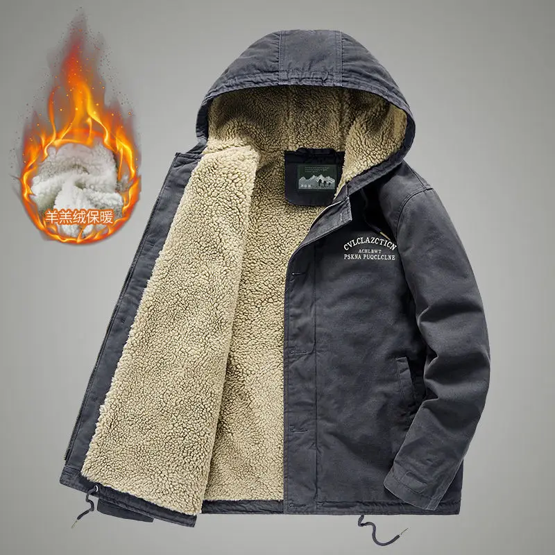 

Men's Jacket Hooded Parkas Lamb Fur Lining Men's Winter Jackets Plush Men's Cold Jacket Thickening Motorcycle Jacket
