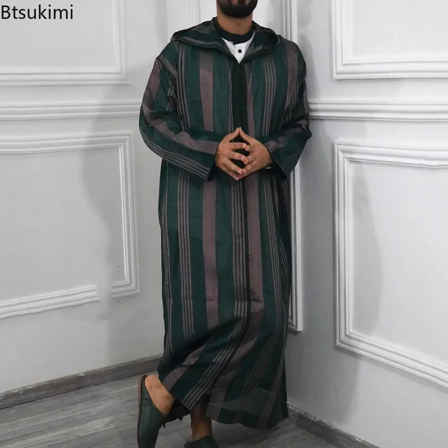 

2024 мусульманский мужской Jubba Thobe с длинным рукавом в полоску с капюшоном Женский Халат Свободный Дубай Саудовский Арабский Кафтан мужская одежда