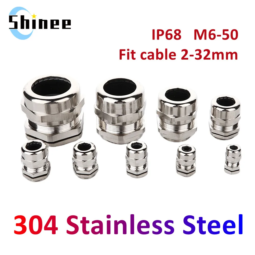 Waterproof Cable Gland Connector IP68 304 Stainless Steel Inox Metric Cable M6 M8 M10 M12 M14 M16 M18 for 3-6.5mm 4-8mm Cable