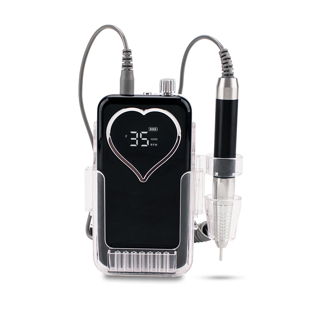 블랙 하트 데스크탑 브러시리스 무선 베이스 LED 로고 전기 네일 드릴 머신, 매니큐어 충전식 배터리용, 35000rpm
