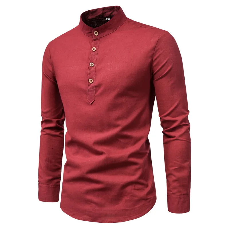 Men Solid Color Stand Shirts Top Breathable Linen Long Sleeved Mens Slim Casual Blouse