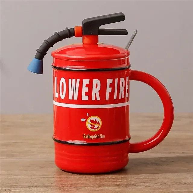 Tasse Extincteur En Céramique - Design Original, 480ml, Couvercle Silicone - Cadeau Drôle Pour Pompiers, Bureau - Rouge