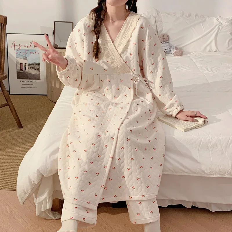 Postpartum Thickened Warm Air Cotton Nursing Dress Pregnant Women Belly Support Dress Autumn Winter Home Wear for Mothers