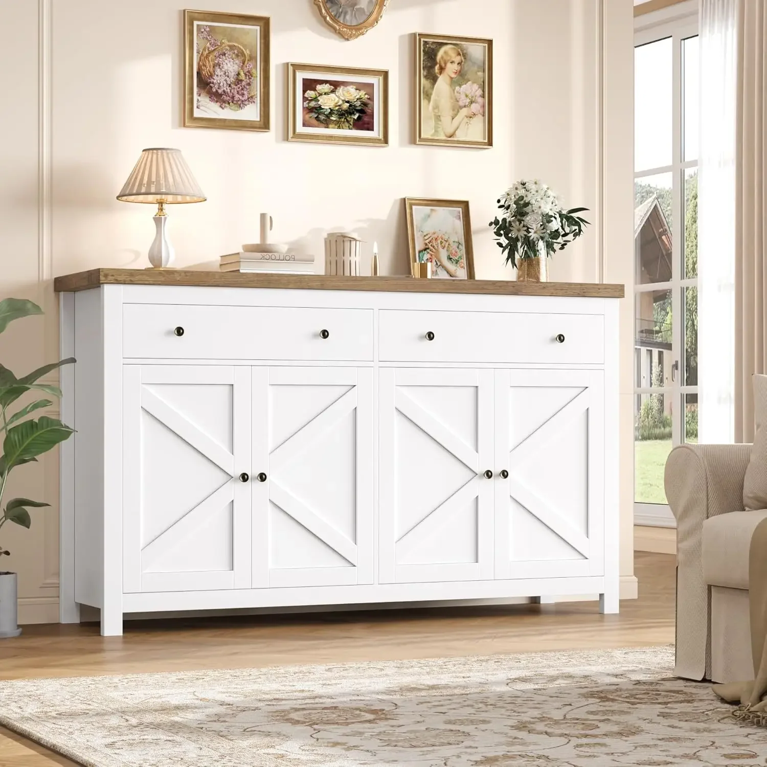 Description Picture 3 of itemBuffet Cabinet Kitchen Cabinet Shelves and Doors, Farmhouse Coffee Bar Cabinet Wood Buffet Table Sideboard for Kitchen, White