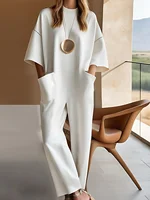 Womens Loose Jumpsuit Pockets Round Neck Straight Pant Minimalist White Streetwear Playsuits Office Lady Rompers One Piece Sets - Image 3
