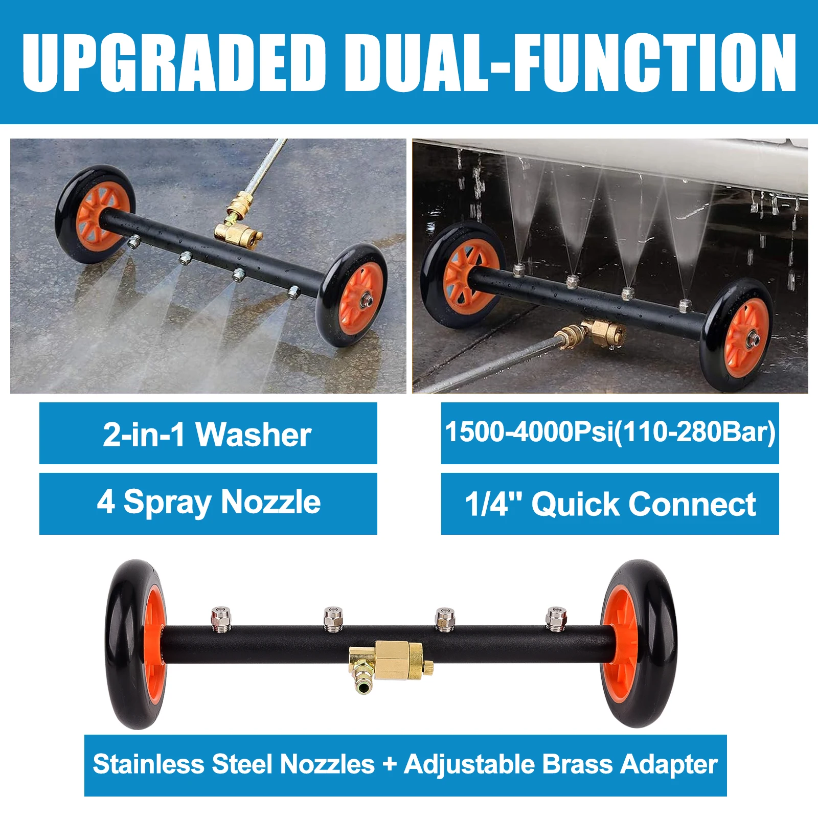 베어 포스 2-in-1 언더캐리지 압력 세척기 어태치먼트, 38cm/15인치 압력 세척기 워터 브룸, 3개 연장 봉, 세척 미트