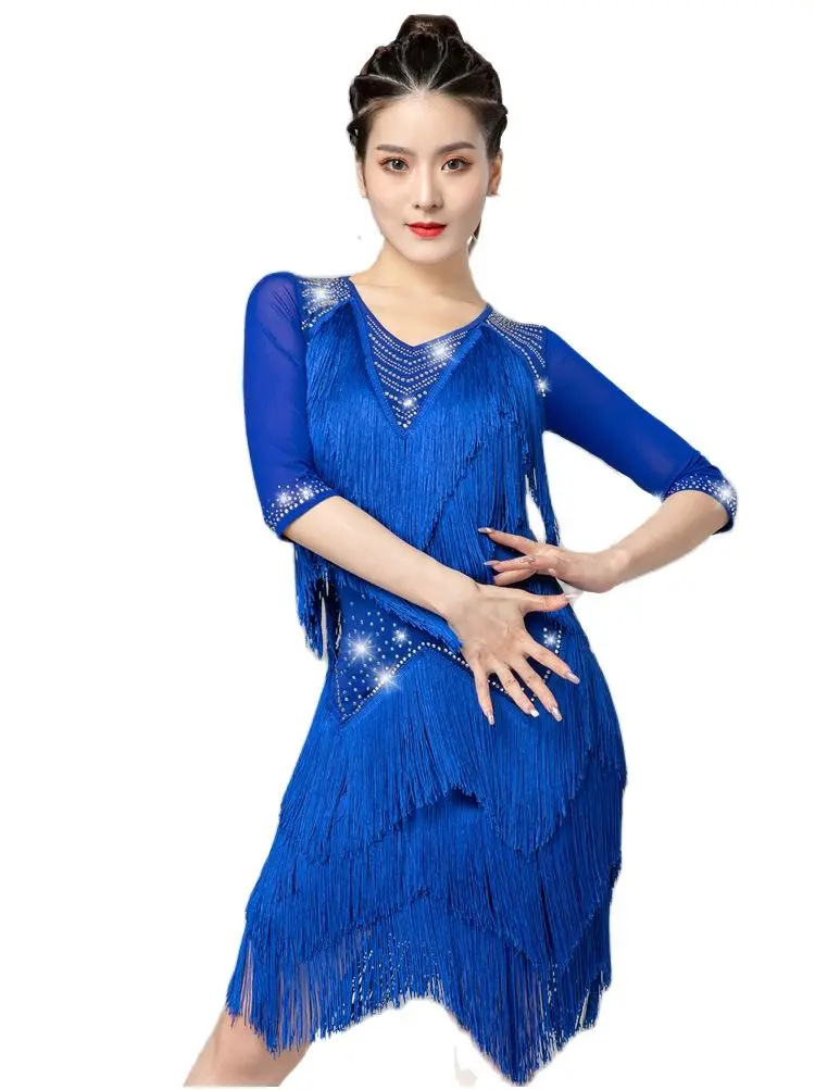 

Professional Latin Dance Practice Clothes Mid Sleeve Fringed Dress for Women Dancers Rumba ChaCha Performance Costume L22254