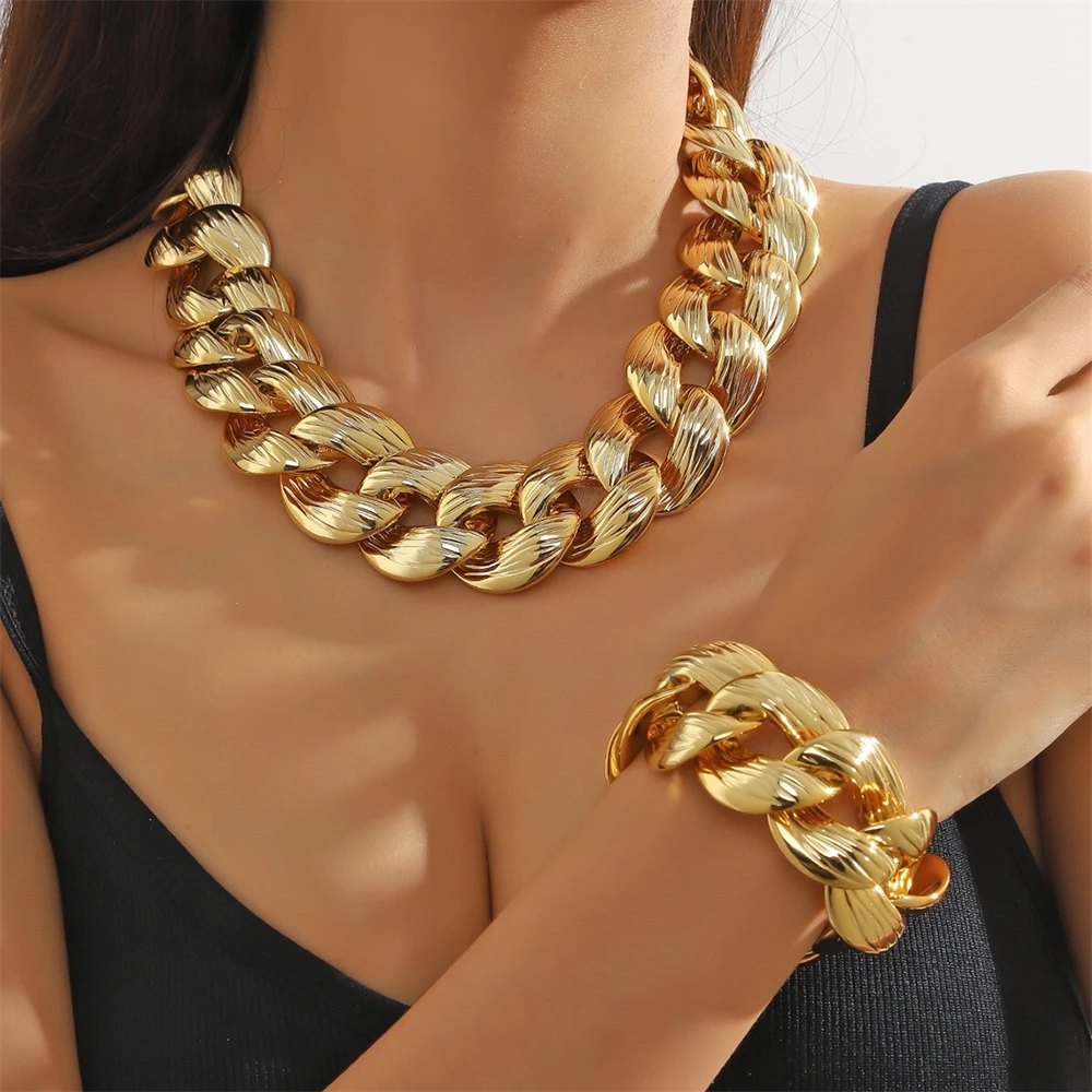

ESALE Trendy Gold Color Resin Chain Necklace&Bracelet Jewelry Set Women Wide Chunky Choker Necklace Girls Party Jewelry TZ010