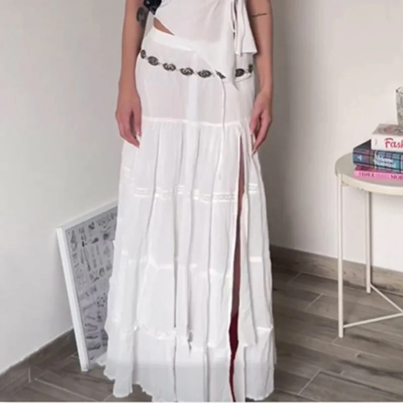 

Женская винтажная юбка миди в стиле бохо, длинная белая юбка с кружевной отделкой и разрезом, Милая юбка с высокой талией, праздничная уличная одежда, Y2K, 2000