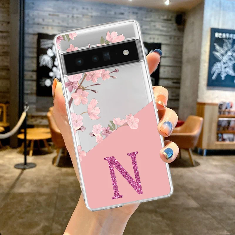 Elegant Pink Floral Alphabet Shockproof Phone Case - Soft Clear TPU Cover