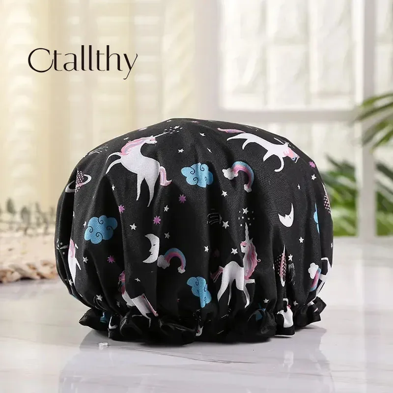 Ctallthy Unicorn Pony Lovely Thick Women Shower Caps Colorful Double Layer Bath Shower Hair Cover Adults Waterproof kitchen hats 4