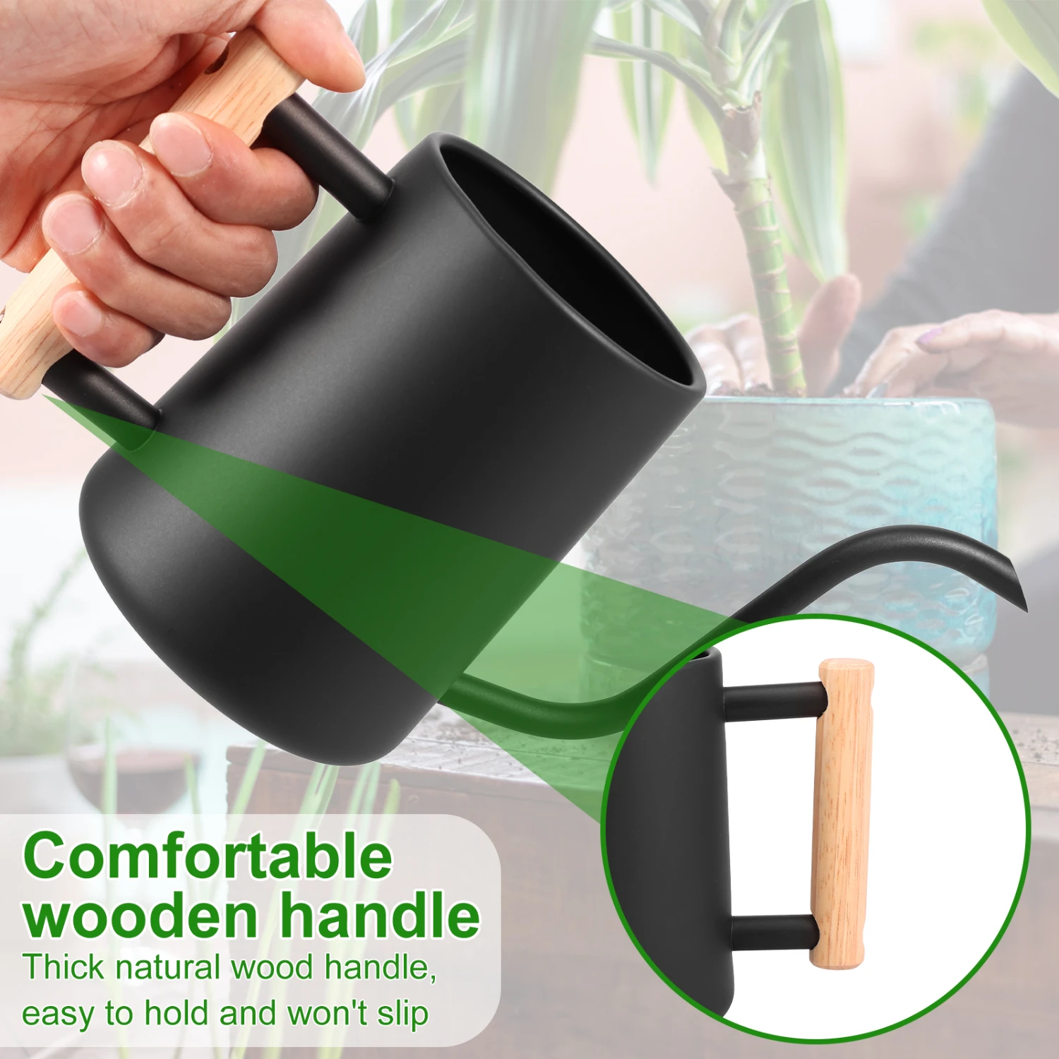 Elegant and stylish stainless steel 1L watering can with long spout and ergonomic wooden handle, perfect for precise watering of