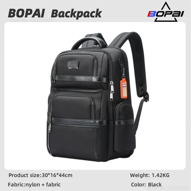 BOPai Mochila de cuero genuino para hombre, mochila multifunción de 15.6  pulgadas, mochila para laptop de negocios, mochila inteligente de viaje con
