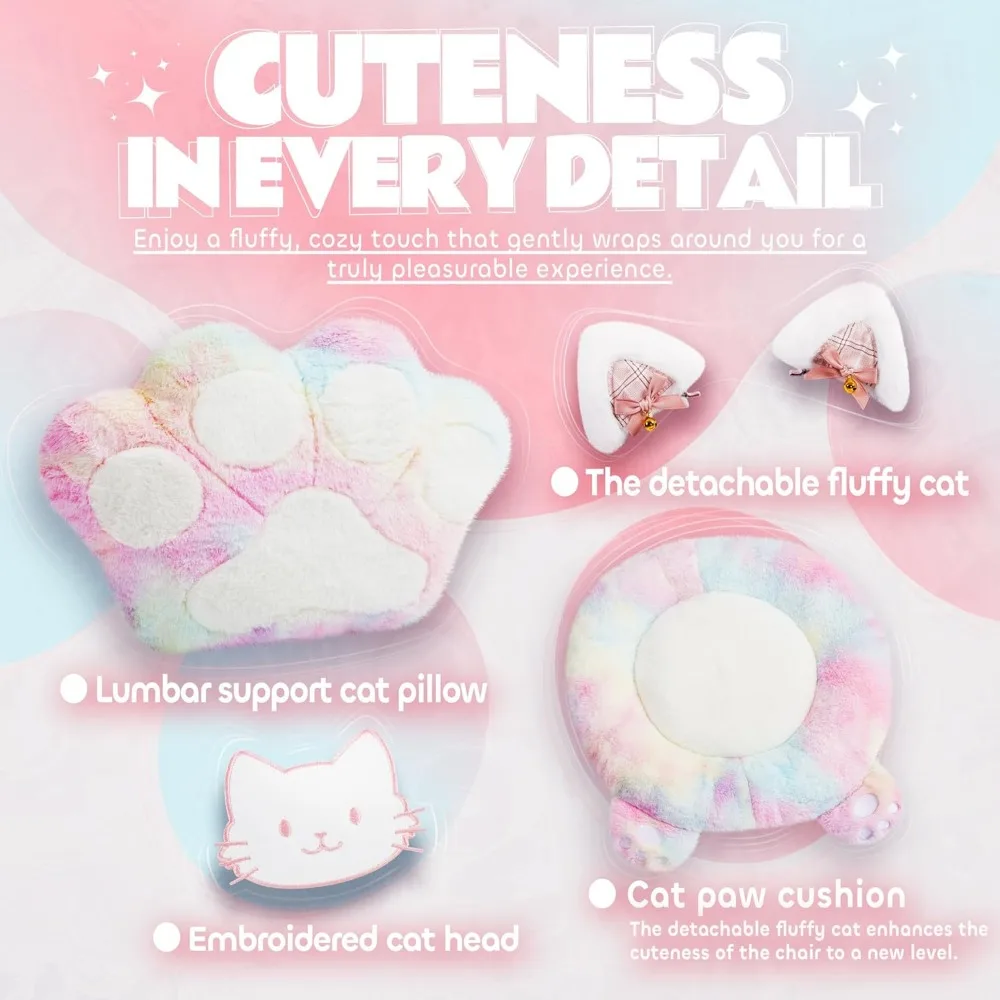 Gaming Chair Cute with Cat Ears Paw Lumbar and Cushion,Ergonomic Computer Chair with Footrest,Reclining PC Game Chair for Girl C