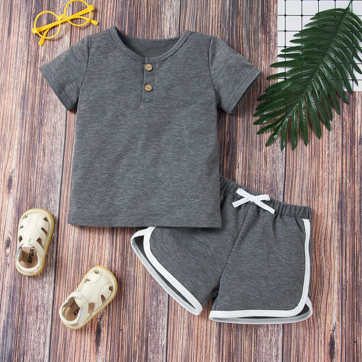 

Wholesale Summer Infant Kids Girls' Two Piece Suit Of New Pure Color Comfortable Casual Short Sleeved Shorts