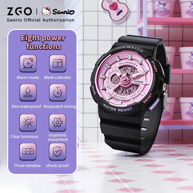 ZGO X Sanrio Kuromi Women's Watch Middle and High School Students Girls 50M Waterproof Electronic Watches Gift 8573 6