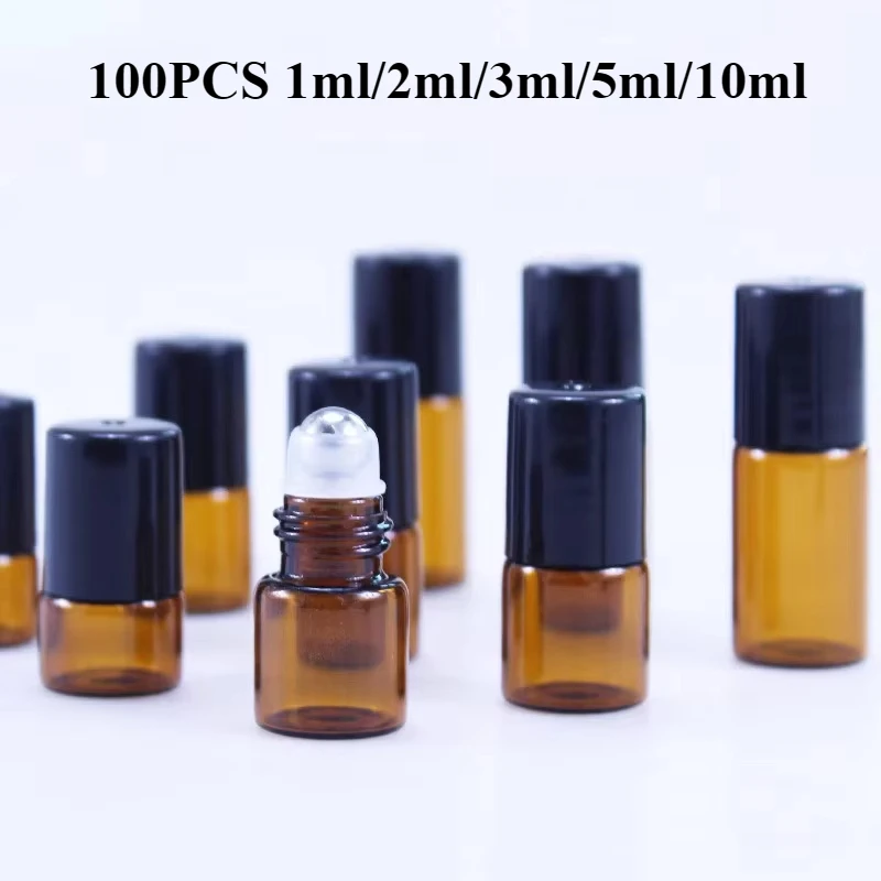 100PCS 1ml/2ml/3ml/5ml/10ml Glass Roll on Bottle Oil Vials with Roller Metal /Glass Ball Sample Test Essential Amber Stainless