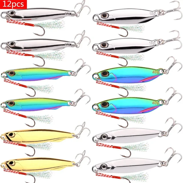 12Pcs Electroplated Fishing Bait Spoon Metal Jigs Lures 7/10/15/20/30/40g  Silver Colourful Gold Fishing Lure Baits Mackerel Bass