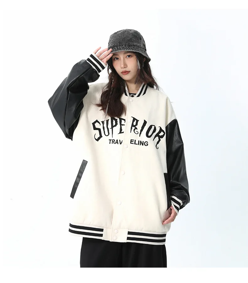 2023 Spring Autumn Jacket Women New Fashion Letter Embroidery Jacket PU Leather Patchwork Coat