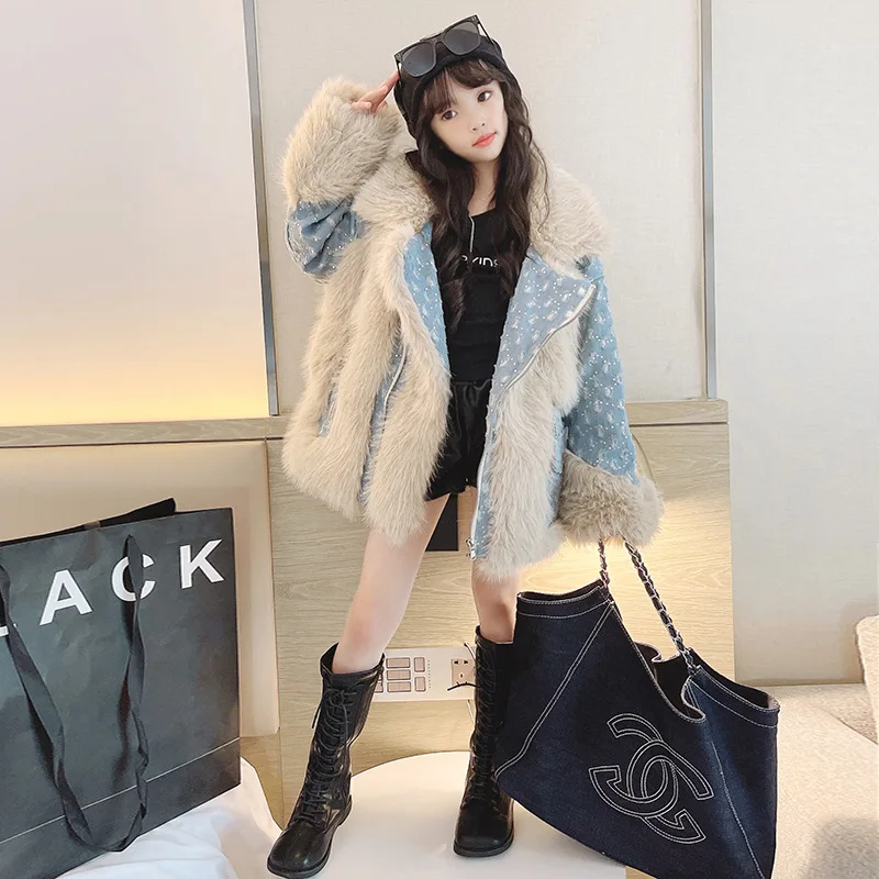 

Winter Children Girls Fashion Korean Patchwork Faux Fur Jacket Coats Kids Clothing Teenager Thick Warm Cotton Parkas Outerwear
