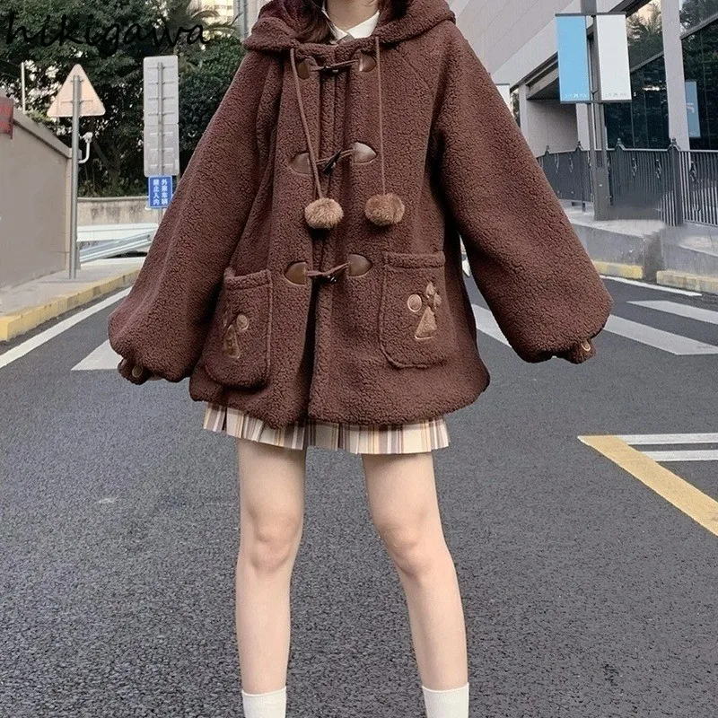 

Japanese Sweet Jackets for Women Lolita Style Fashion Lamb Wool Coat Hooded Thicked Cute Outwear Tops Winter Kawaii Plush Coat