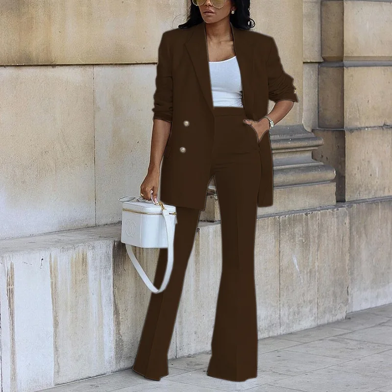 

Women's Suits Set 2 Pieces Double Breasted Solid Color Jacket Casual Blazer Wide Leg Pants Female Set