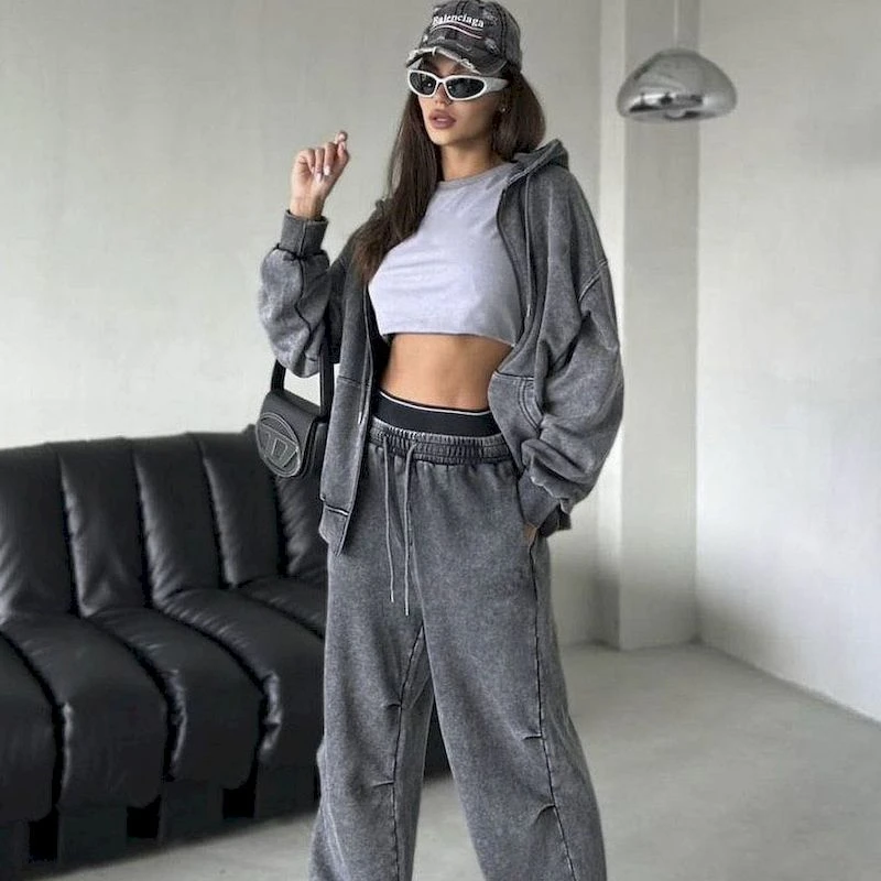 

Gothic Vintage Distressed 3 Piece Sets Women 2023 Harajuku Zipper Hooded Sweatshirts+Cropped Tops+Wide Leg Pants Set Y2k Clothes