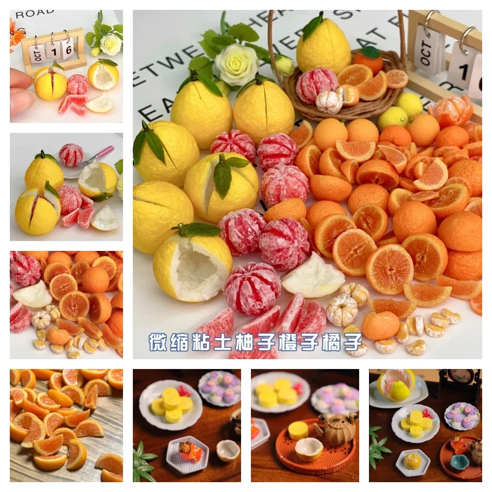 5pcs Doll House Mini Kitchen Handmade Clay Pastry Pomelo Persimmon Bryce Two-color Teacup Carved Plate Model Diy Accessories