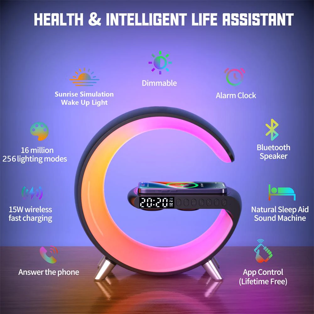LED 학생 침실 조명 앱 제어 RGB 야간 조명, 분위기 램프, 디지털 알람 시계 스피커, 무선 충전기, 어린이, 신제품