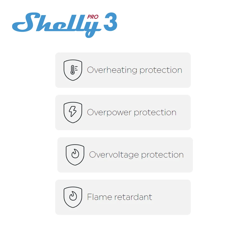 Shelly Pro 3 과전력 과전압 보호, 3 상 제어, 과전압 보호 부하, 총 장치 최대 48A